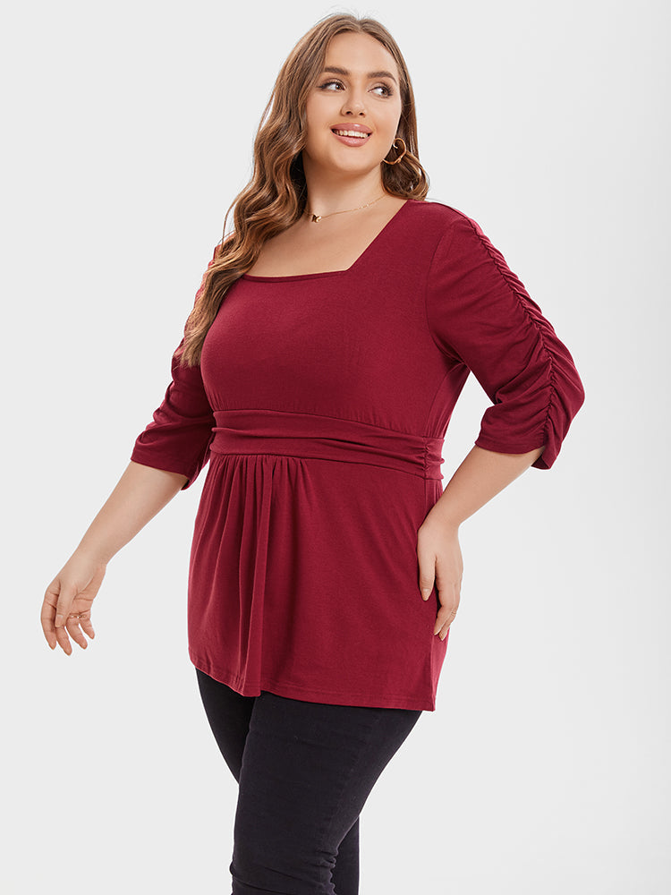 Square Neck Elastic Waist Ruched Tee