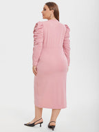 VIP V-Neck Gigot Sleeve Tulip Hem Ruched Midi Dress