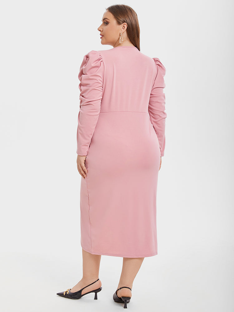 VIP V-Neck Gigot Sleeve Tulip Hem Ruched Midi Dress