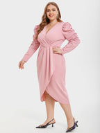 VIP V-Neck Gigot Sleeve Tulip Hem Ruched Midi Dress