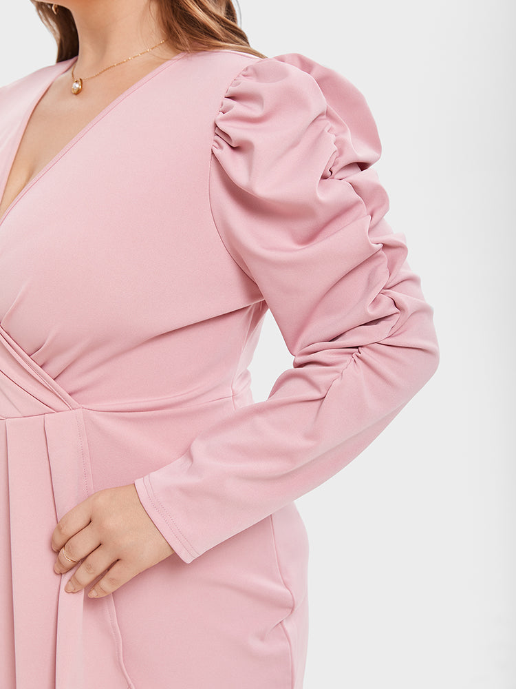 VIP V-Neck Gigot Sleeve Tulip Hem Ruched Midi Dress