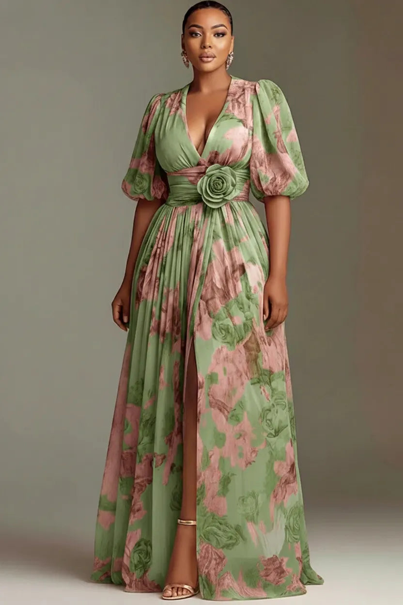 Xpluswear Design Plus Size Wedding Guest Peach Floral V Neck Puff Sleeve Short Sleeve 3D Split Chiffon Maxi Dresses