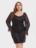 Contrast Mesh Flounce Sleeve Sequin Bodycon Dress