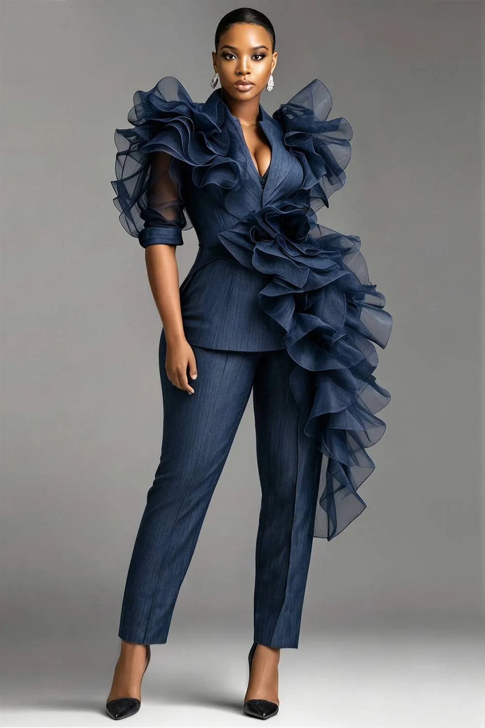 Xpluswear Design Plus Size Cocktail Party Elegant Blue Turndown Collar Short Sleeve 3D Pocket Two Piece Pant Suits
