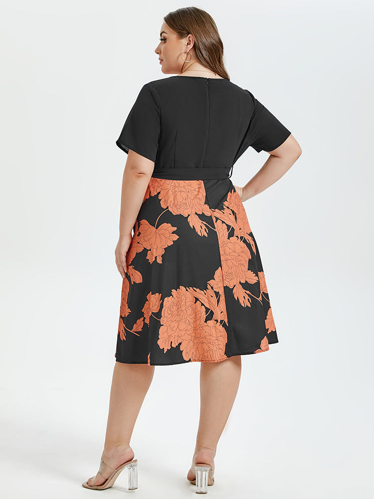 VIP Floral Print Square Neck Belted Midi Dress