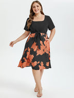 VIP Floral Print Square Neck Belted Midi Dress