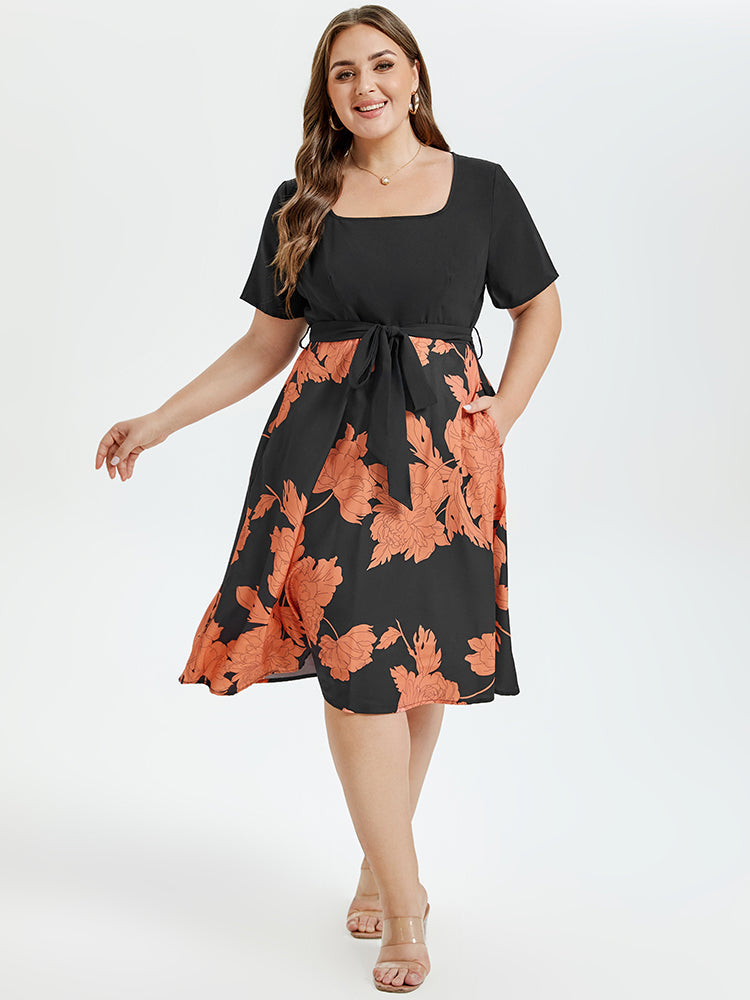 VIP Floral Print Square Neck Belted Midi Dress