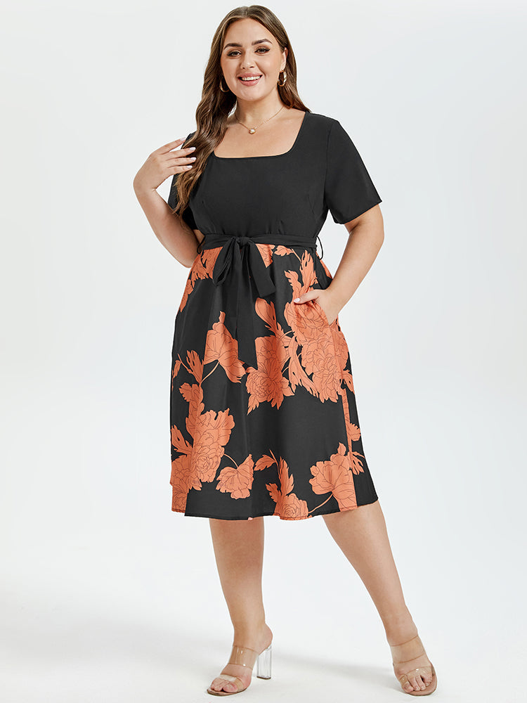VIP Floral Print Square Neck Belted Midi Dress
