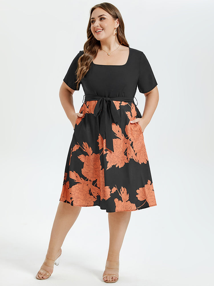 VIP Floral Print Square Neck Belted Midi Dress