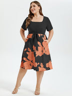 VIP Floral Print Square Neck Belted Midi Dress