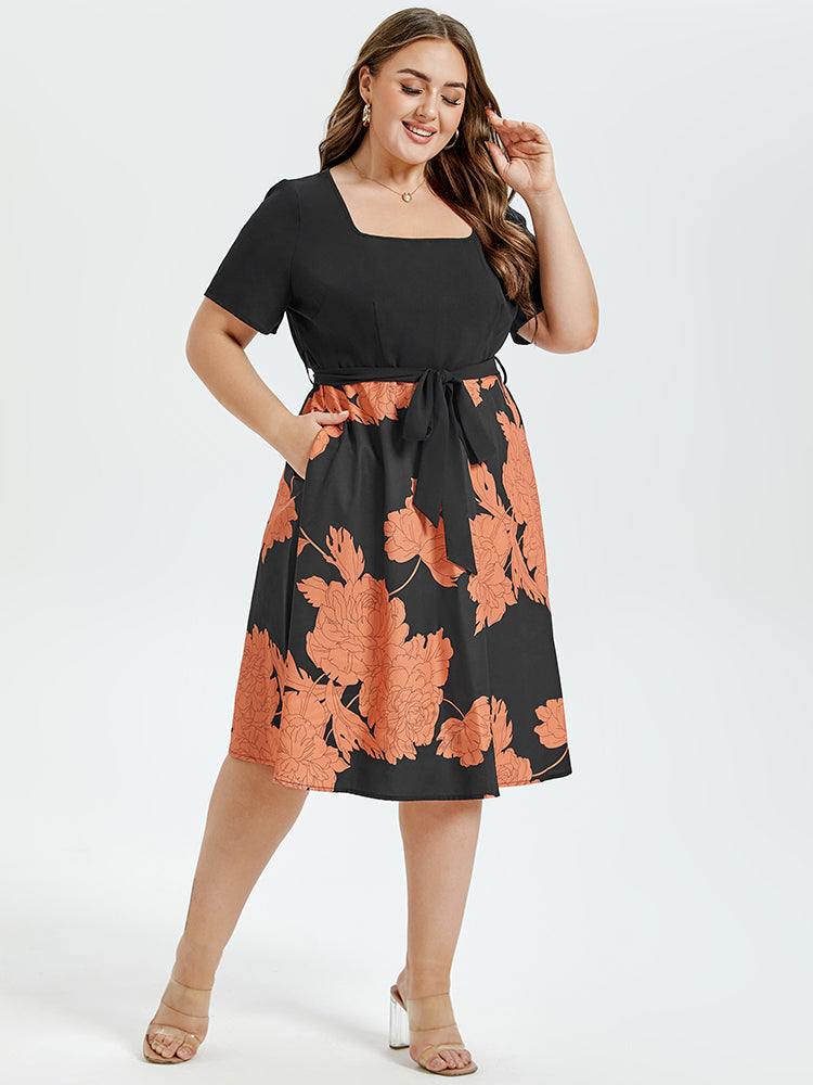 VIP Floral Print Square Neck Belted Midi Dress