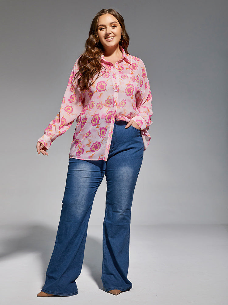 Plus Pink Floral Drop Shoulder Mesh Blouse Without Vest