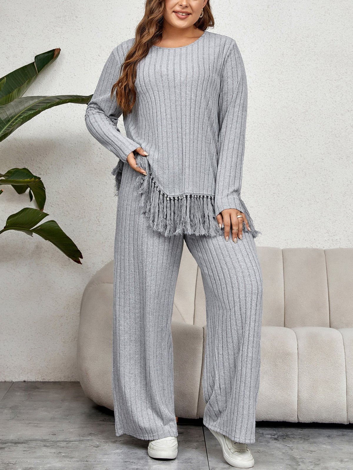 Two-Piece Gray Fringe Knit Loungewear Set