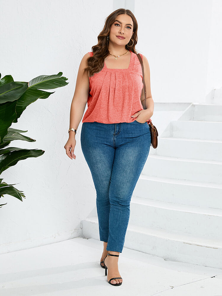 Plus Ruched Square Neck Notched Hem Tank Top
