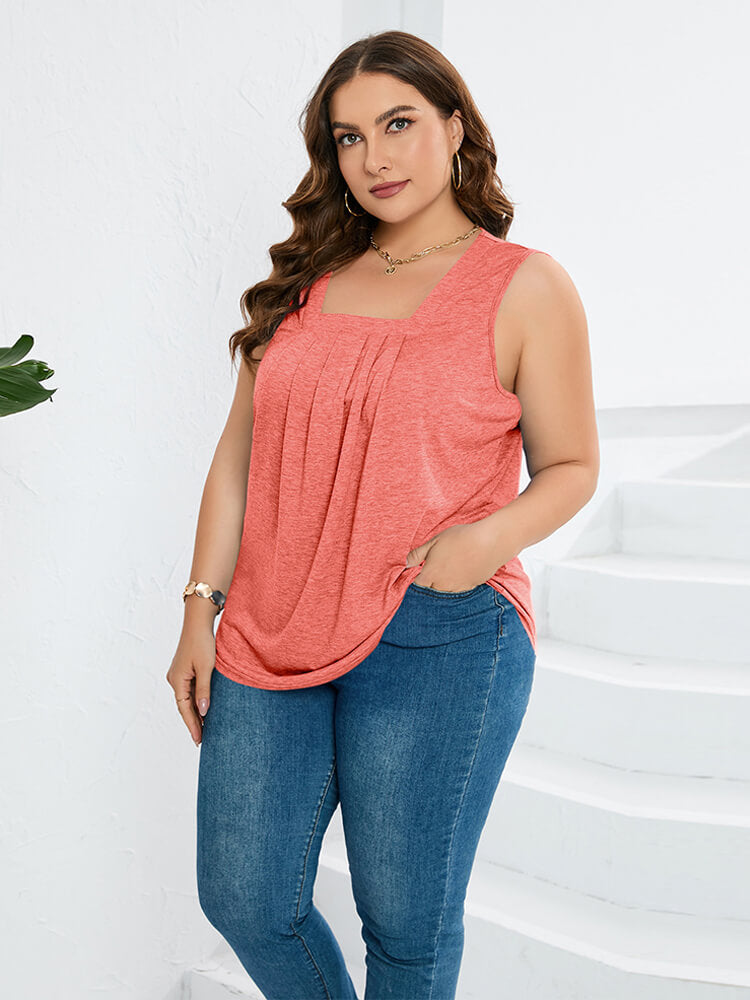 Plus Ruched Square Neck Notched Hem Tank Top
