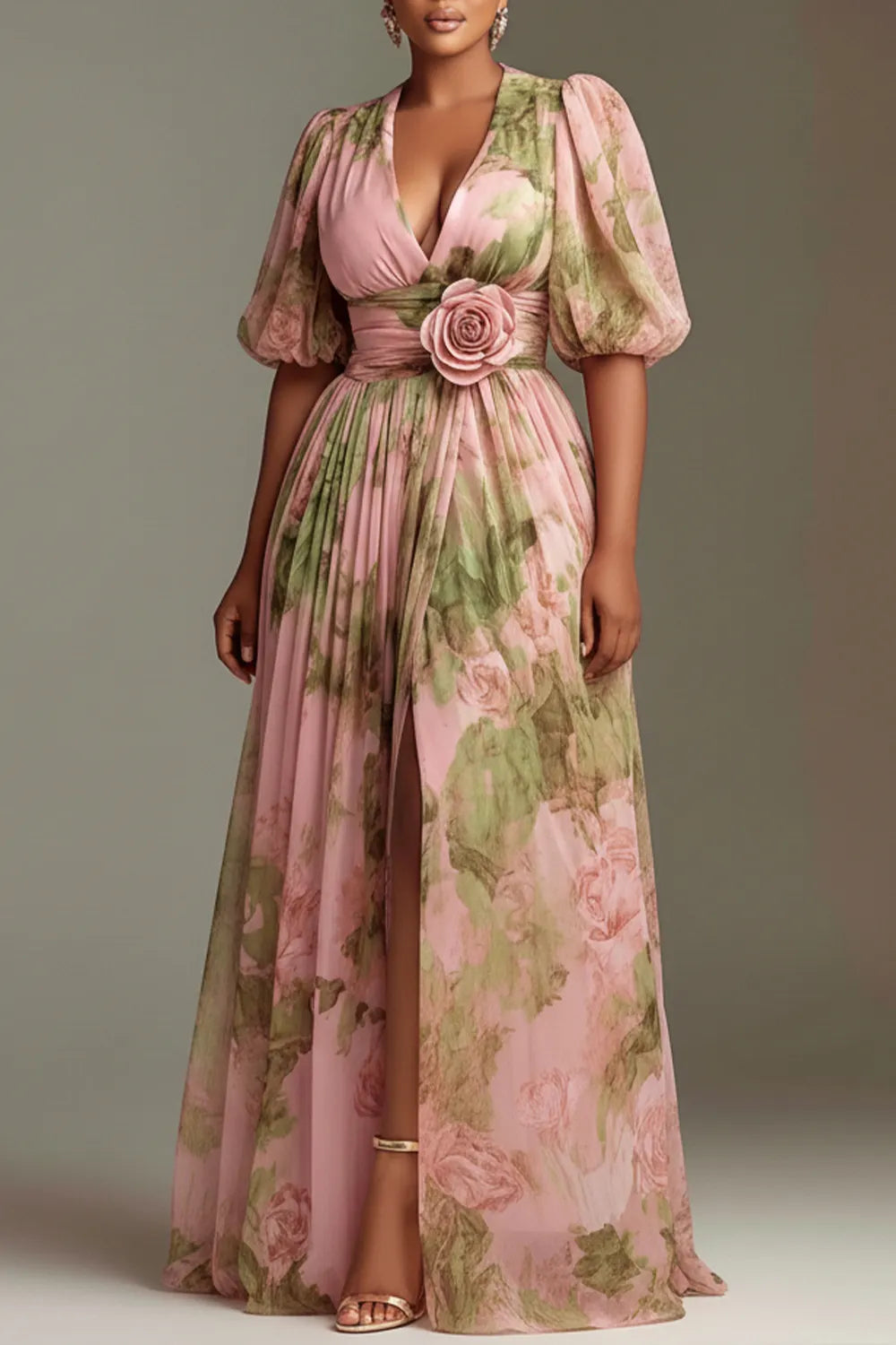Xpluswear Design Plus Size Wedding Guest Peach Floral V Neck Puff Sleeve Short Sleeve 3D Split Chiffon Maxi Dresses