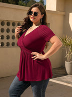 VIP Plus Crisscross Ruched Ruffle Hem Tee
