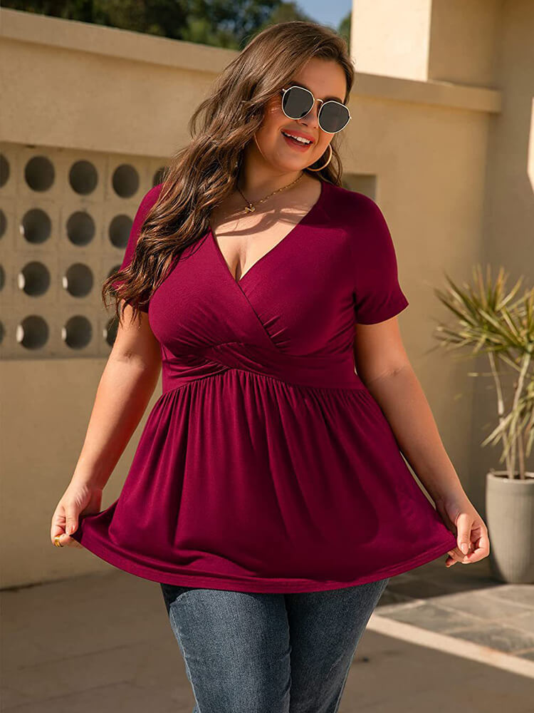 VIP Plus Crisscross Ruched Ruffle Hem Tee