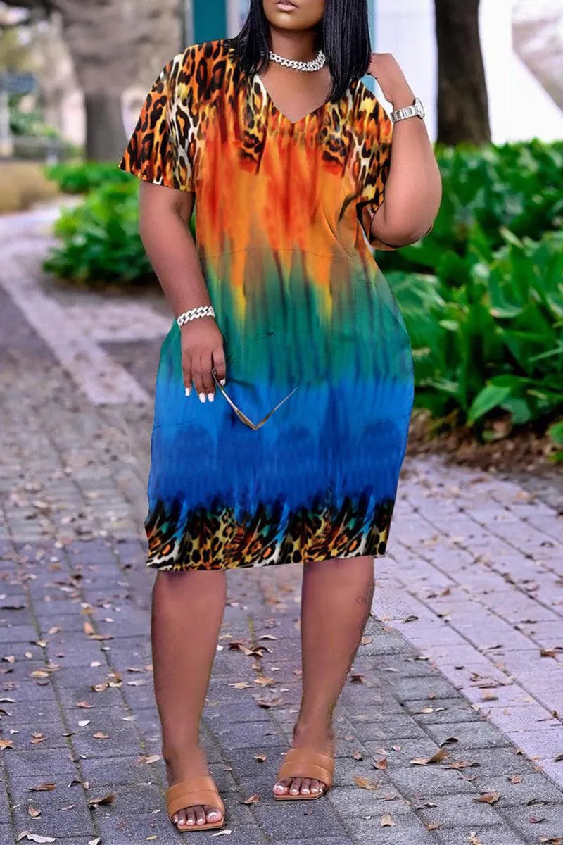 Plus Size African Casual All Over Print Basic V Neck Short Sleeve Midi Dress