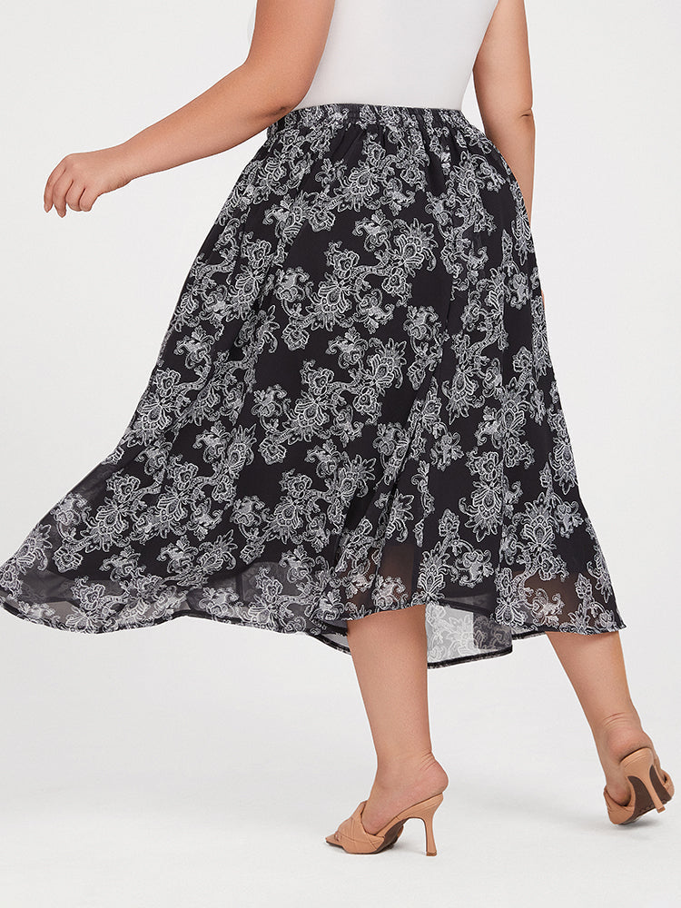 VIP Plus Black Floral Elastic Waist Skirt