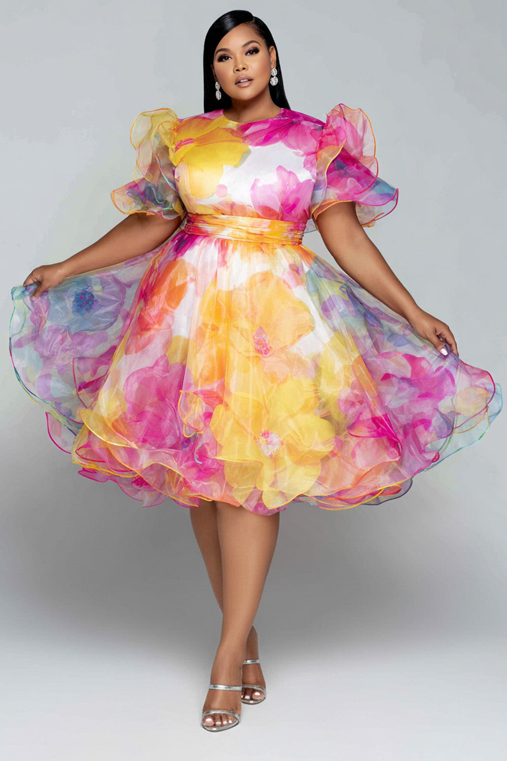 Xpluswear Design Plus Size Party Multicolor Floral Round Neck Short Sleeve Ruffle See Through Chiffon Mini Dresses