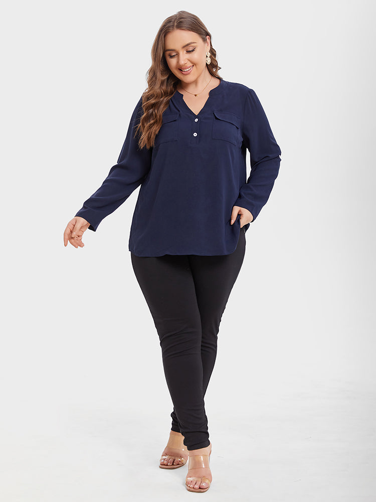 VIP V-Neck Button Detail Pocket Blouse