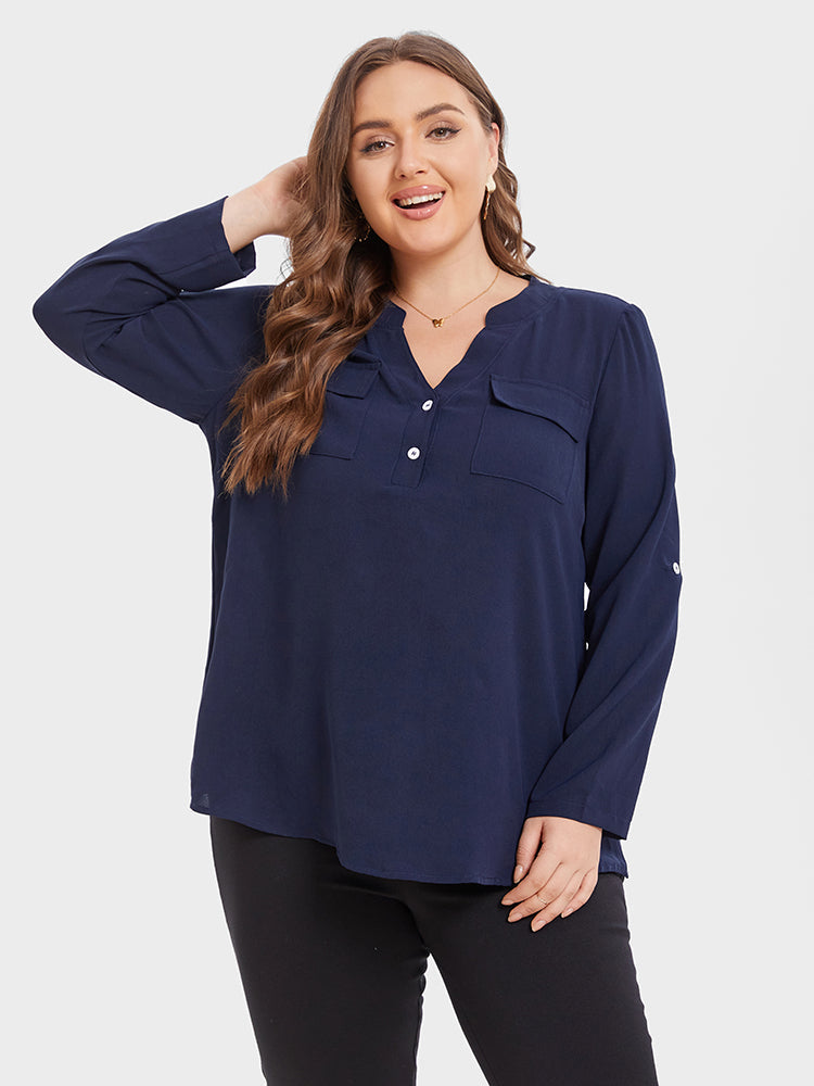 VIP V-Neck Button Detail Pocket Blouse