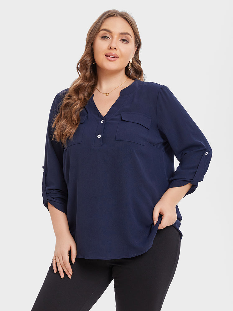 VIP V-Neck Button Detail Pocket Blouse