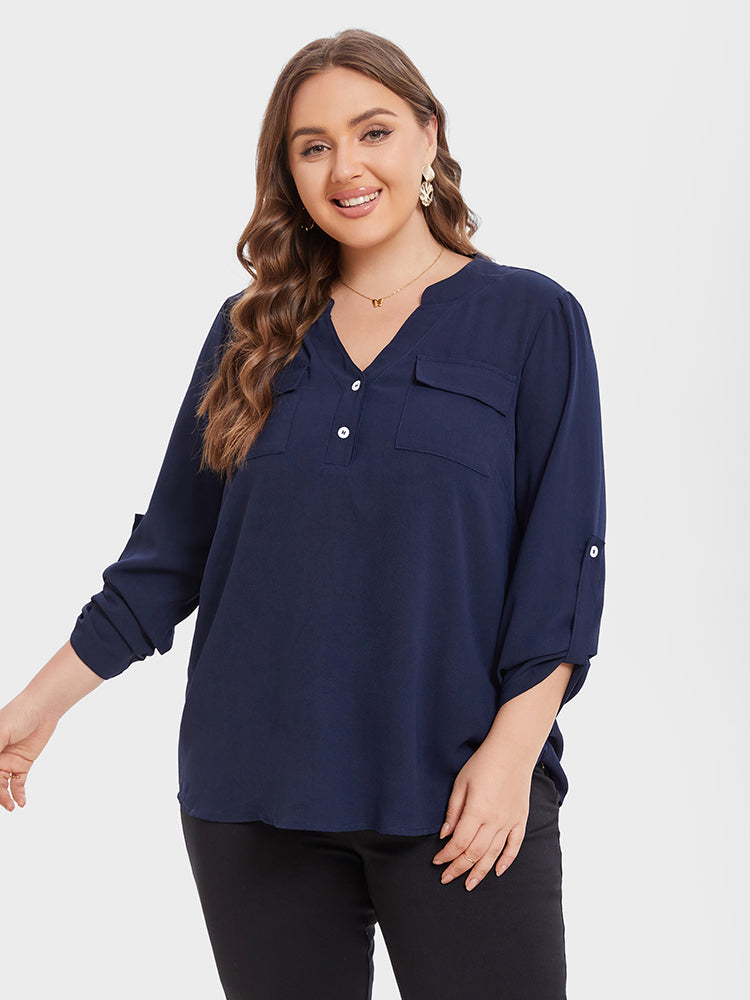 VIP V-Neck Button Detail Pocket Blouse