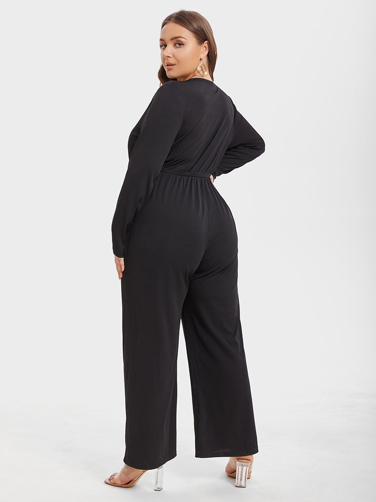 VIP Solid V-Neck Button Front Belted Jumpsuit