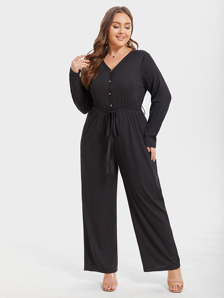 VIP Solid V-Neck Button Front Belted Jumpsuit