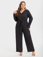 VIP Solid V-Neck Button Front Belted Jumpsuit
