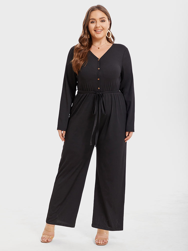 VIP Solid V-Neck Button Front Belted Jumpsuit