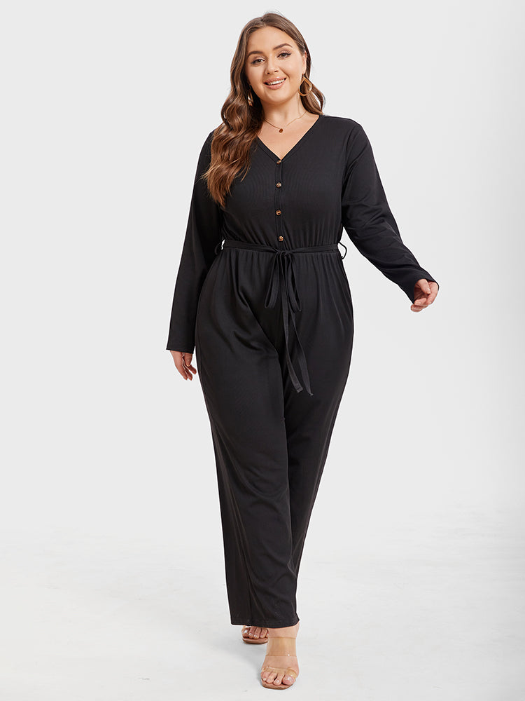 VIP Solid V-Neck Button Front Belted Jumpsuit