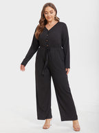 VIP Solid V-Neck Button Front Belted Jumpsuit