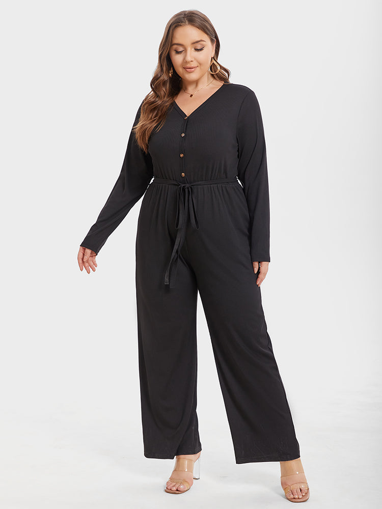 VIP Solid V-Neck Button Front Belted Jumpsuit