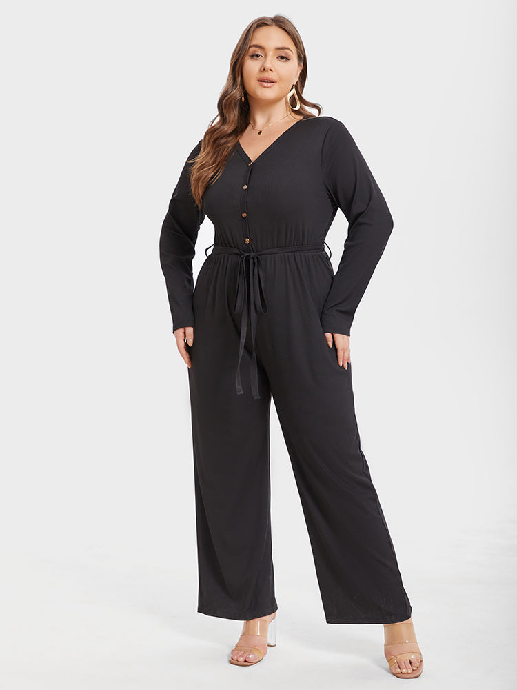 VIP Solid V-Neck Button Front Belted Jumpsuit