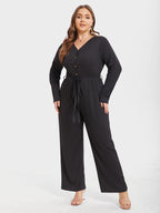 VIP Solid V-Neck Button Front Belted Jumpsuit