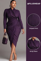 Xpluswear Design Plus Size Business Casual Purple Striped Wrap Neck Long Sleeve Ruffled Elegant Midi Dresses