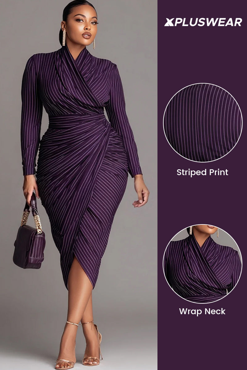 Xpluswear Design Plus Size Business Casual Purple Striped Wrap Neck Long Sleeve Ruffled Elegant Midi Dresses