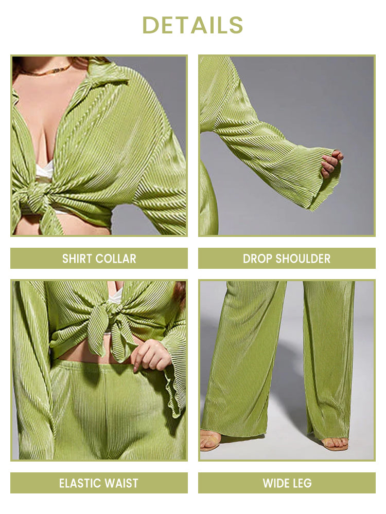 Pleated Loose Green Shirt Wide Leg Pants Set