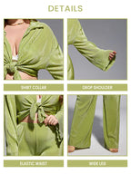 Pleated Loose Green Shirt Wide Leg Pants Set