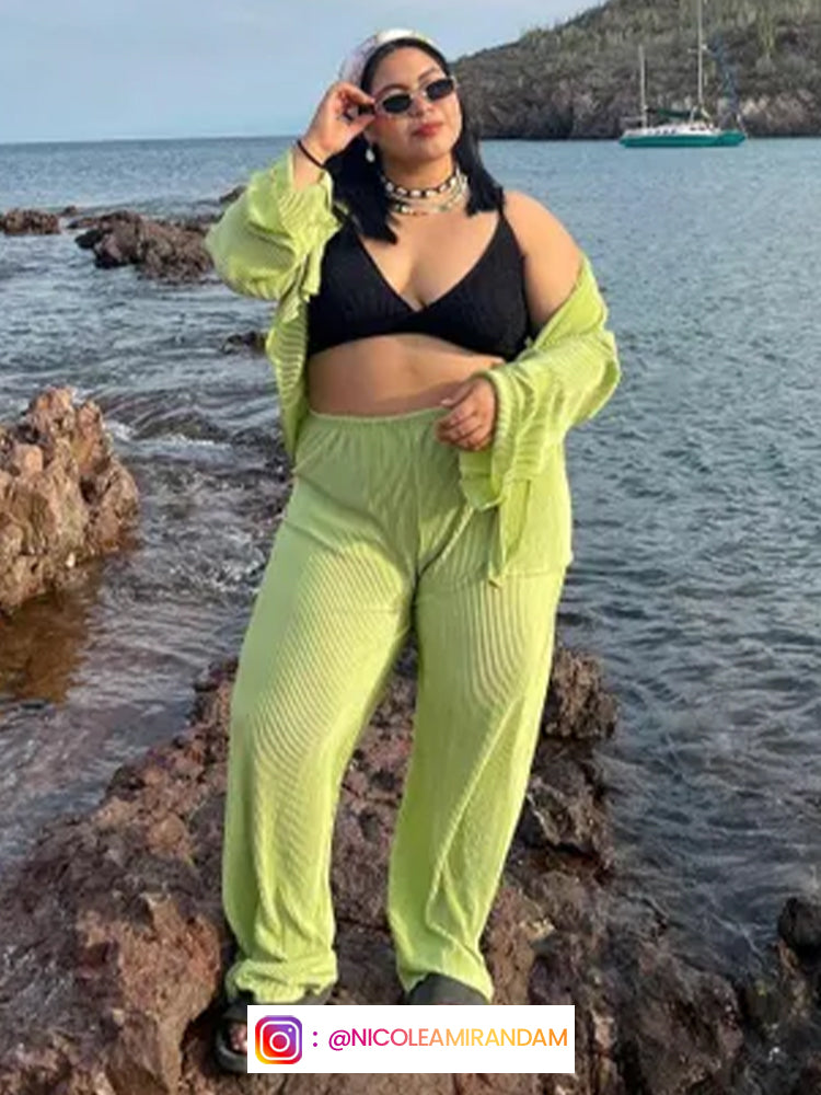 Pleated Loose Green Shirt Wide Leg Pants Set
