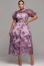 Xpluswear Design Plus Size Mother Of The Bride Purple Round Neck Puff Sleeve Short Sleeve See Through Lace Midi Dresses