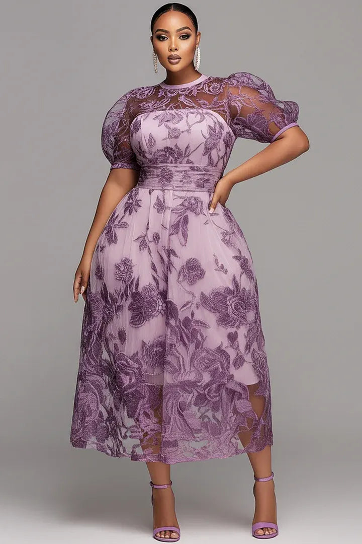 Xpluswear Design Plus Size Mother Of The Bride Purple Round Neck Puff Sleeve Short Sleeve See Through Lace Midi Dresses