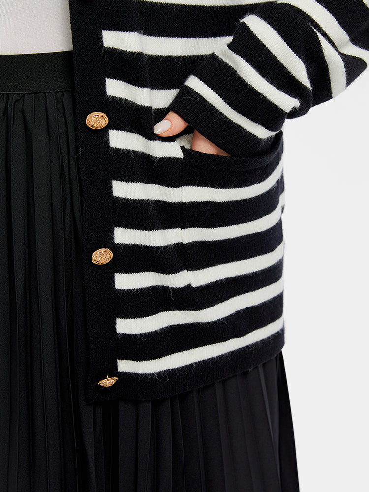 VIP Striped Pattern Double Pocket Button Front Tunic Cardigan