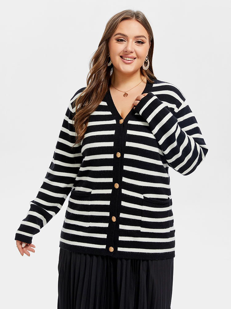 VIP Striped Pattern Double Pocket Button Front Tunic Cardigan