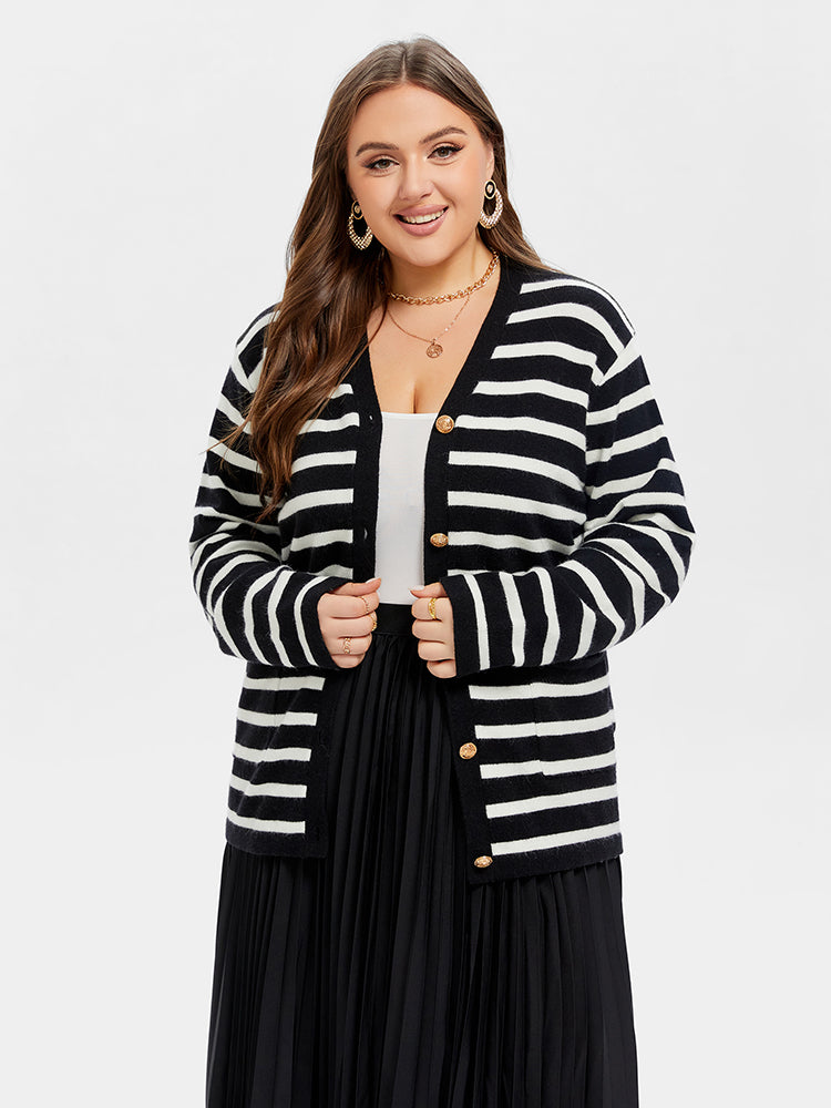VIP Striped Pattern Double Pocket Button Front Tunic Cardigan