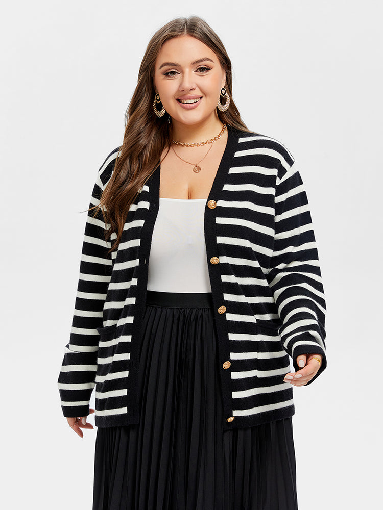 VIP Striped Pattern Double Pocket Button Front Tunic Cardigan
