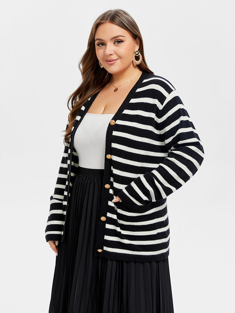 VIP Striped Pattern Double Pocket Button Front Tunic Cardigan